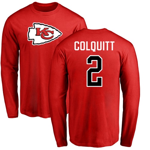 Men Kansas City Chiefs #2 Colquitt Dustin Red Name and Number Logo Long Sleeve TShirt->nfl t-shirts->Sports Accessory